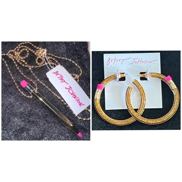 BETSEY JOHNSON SET Back to School Gold-Tone Pencil Earrings & Necklace NEW NWT - Picture 1 of 10